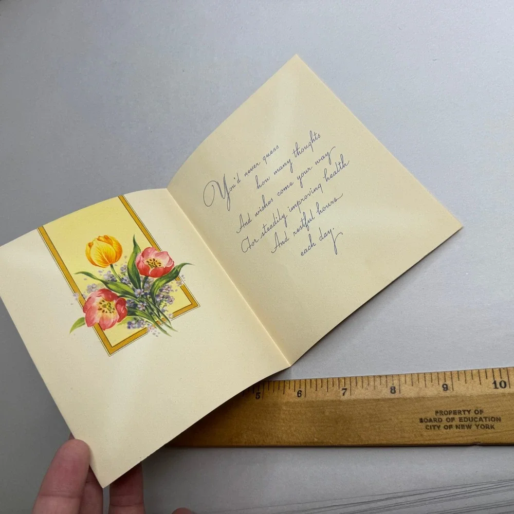 Vintage Get Well Card To Cheer You Floral Tulips Daffodils Embossed Ribbon